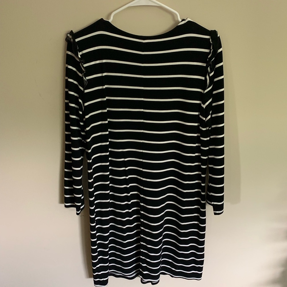 Old Navy Knit Tunic Dress Black White Striped Womens Long Sleeve Ruffle Size L